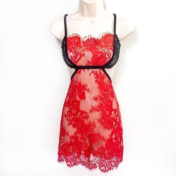 Lacey Red Sweetheart Chemise & Sheer Thigh Highs Sz L - Picture 2 of 14